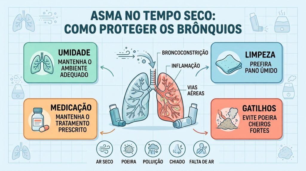 Umidade, limpeza, tratamento e controle de gatilhos ajudam a reduzir crises de asma.