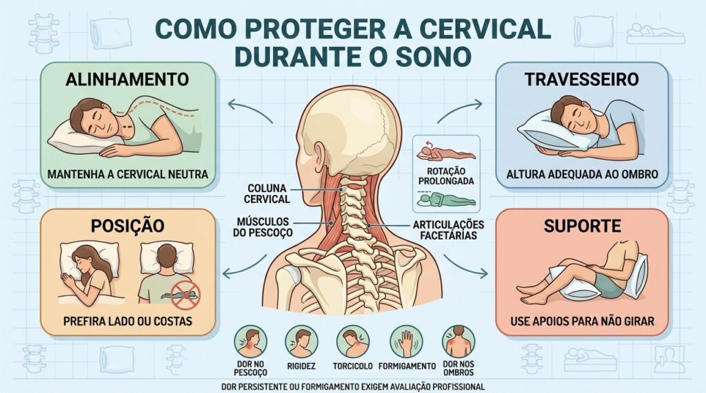 Alinhamento, travesseiro, posição e suporte ajudam a reduzir sobrecarga na cervical.