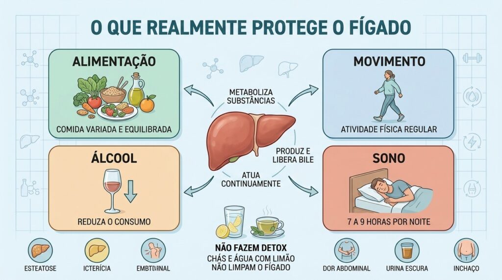 Alimentação, movimento, menos álcool e sono adequado favorecem a saúde do fígado.