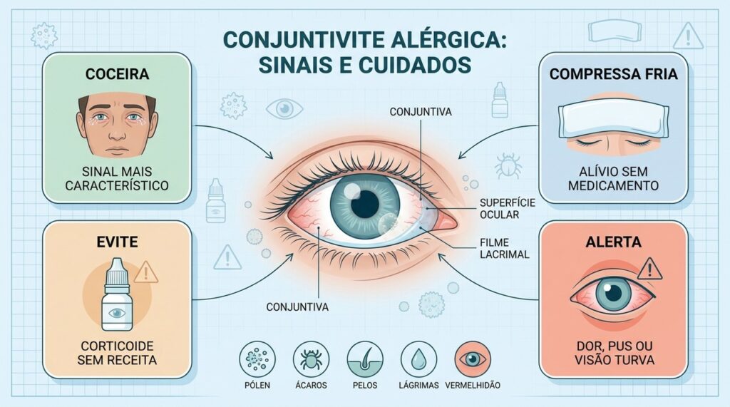 Coceira, compressas frias e cuidados com colírios ajudam a controlar crises alérgicas com segurança.