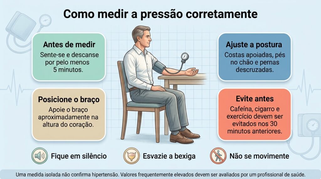 A técnica correta inclui repouso, postura adequada e cuidados antes e durante a medição da pressão.