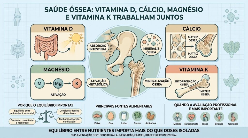 Vitamina D atua junto com cálcio, magnésio e vitamina K no metabolismo ósseo, e o equilíbrio entre eles importa mais do que doses isoladas