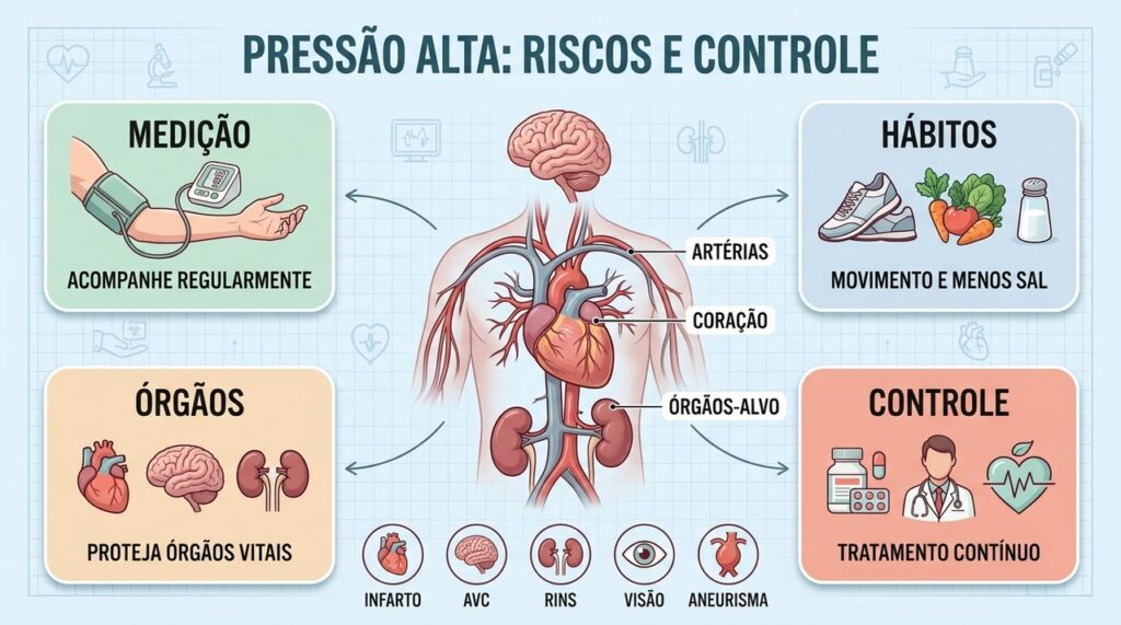 Medir a pressão e controlar hábitos ajudam a proteger coração, cérebro, rins e vasos.