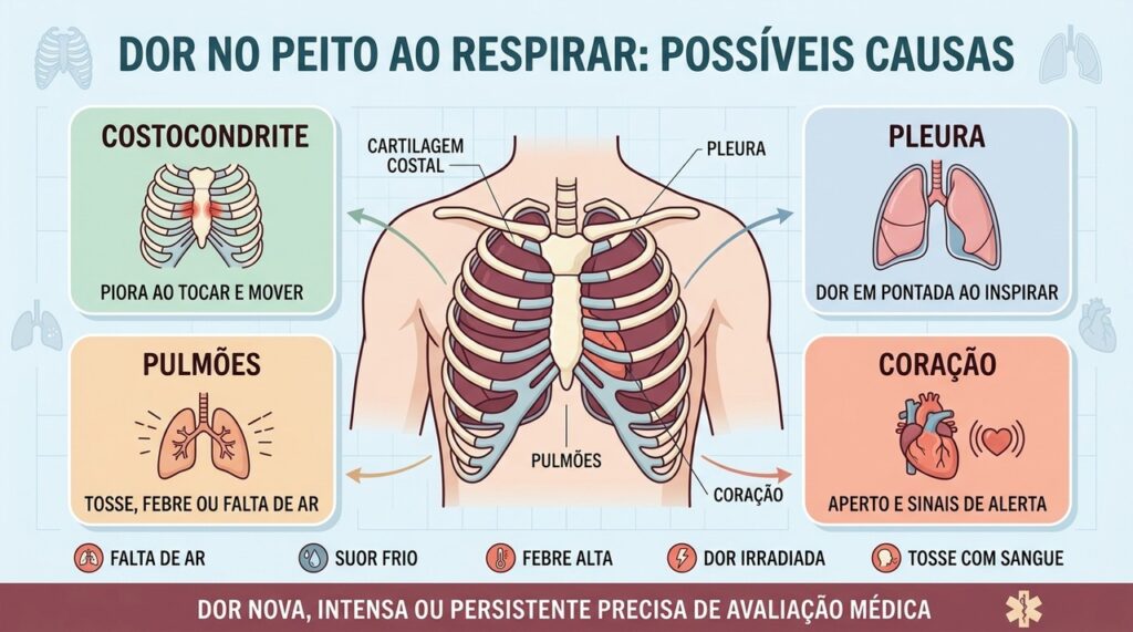 Costelas, pleura, pulmões e coração podem causar padrões diferentes de dor torácica.