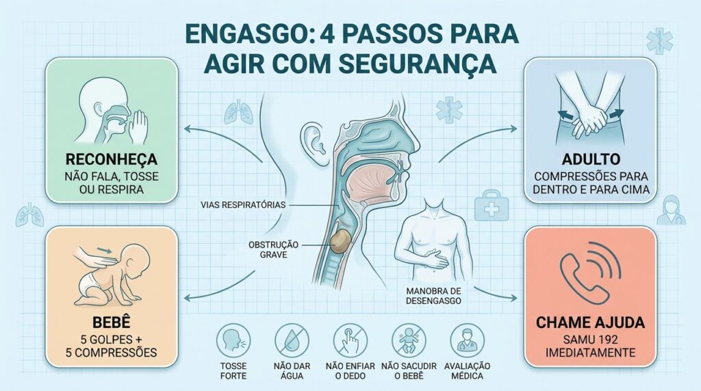 Engasgo grave exige reconhecimento rápido, técnica adequada e acionamento imediato do SAMU 192.
