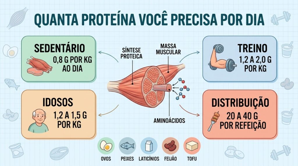 Proteínas bem distribuídas e fontes variadas ajudam na manutenção e construção muscular.