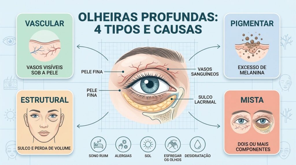 Olheiras podem ser vasculares, pigmentares, estruturais ou mistas, exigindo cuidados diferentes.