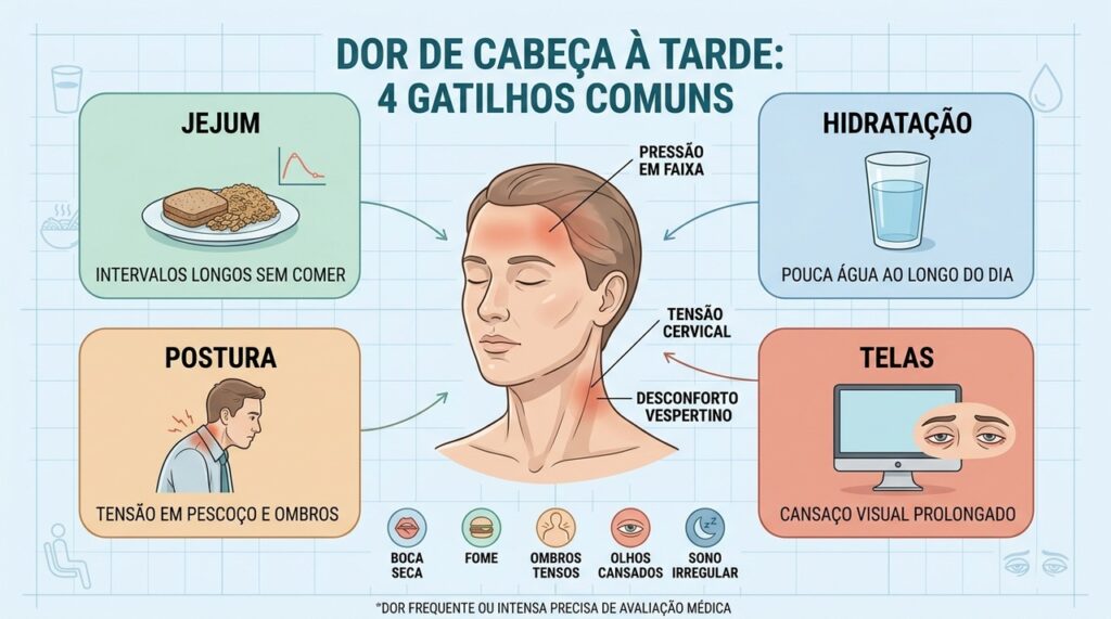 Jejum, pouca água, postura e telas podem se combinar nas crises vespertinas.