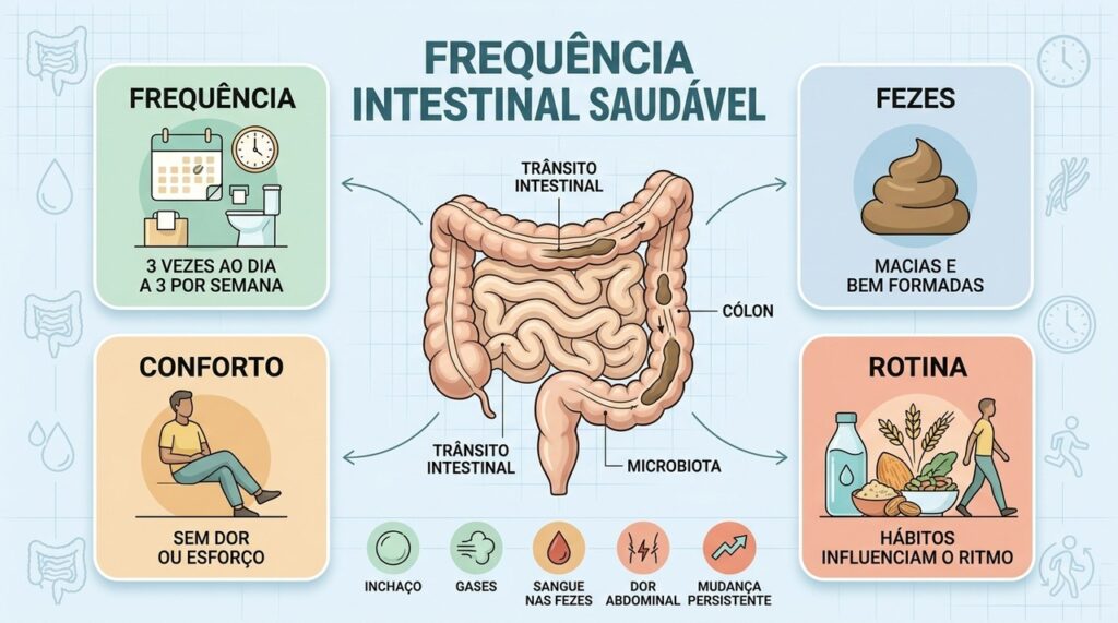 Frequência, consistência, conforto e rotina ajudam a avaliar o funcionamento intestinal saudável.
