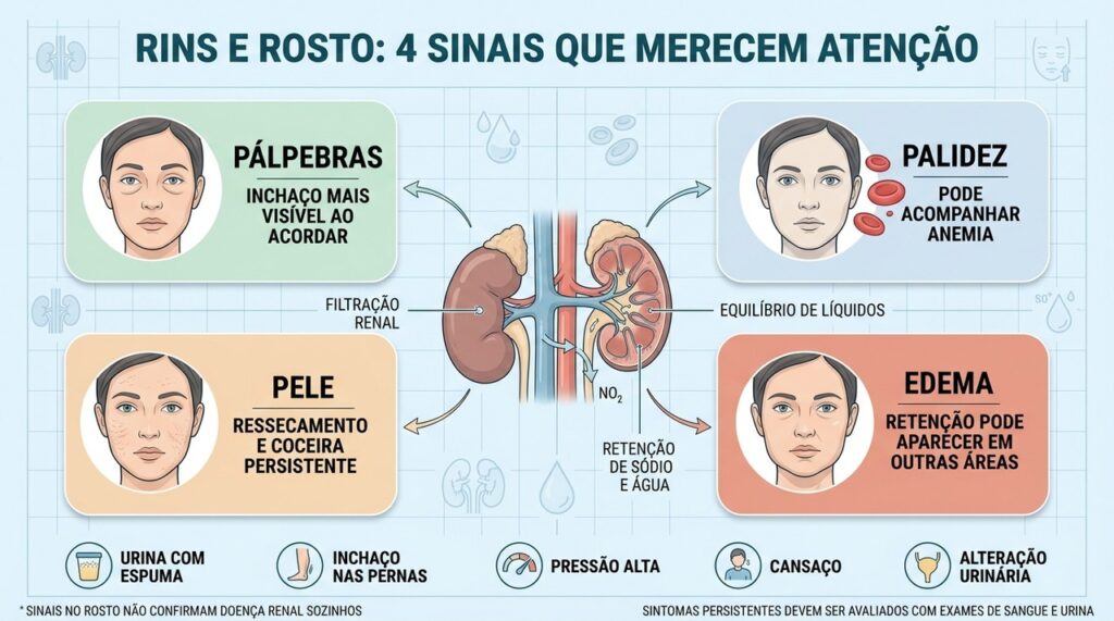 Pálpebras, palidez, pele e edema podem acompanhar alterações na função renal.