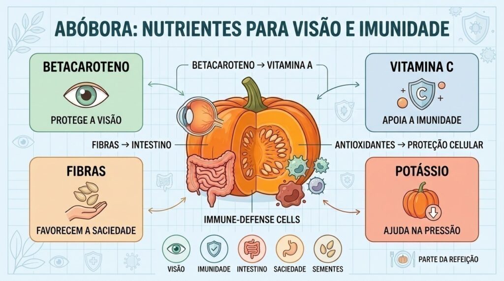 Betacaroteno, fibras, vitamina C e potássio concentram os principais benefícios nutricionais da abóbora.