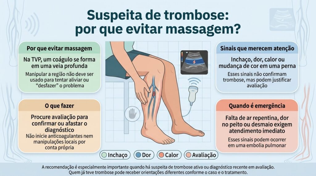 Diante de suspeita de trombose, a prioridade é avaliar a causa do inchaço ou da dor em vez de massagear a região.