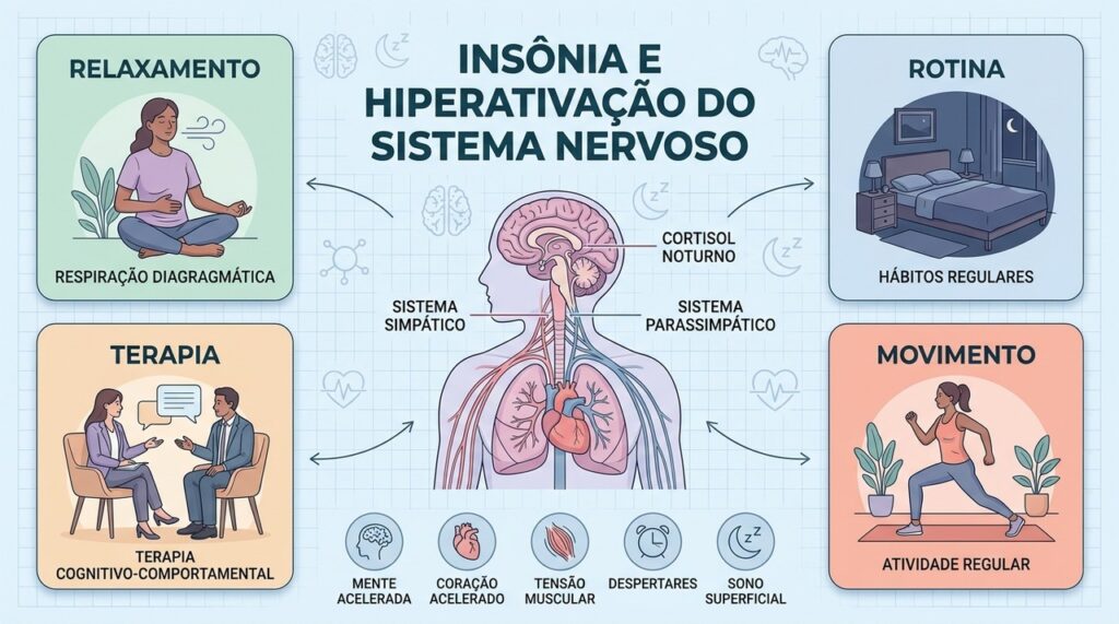 Hiperativação, cortisol elevado e tensão mantêm o cérebro em alerta durante a noite.