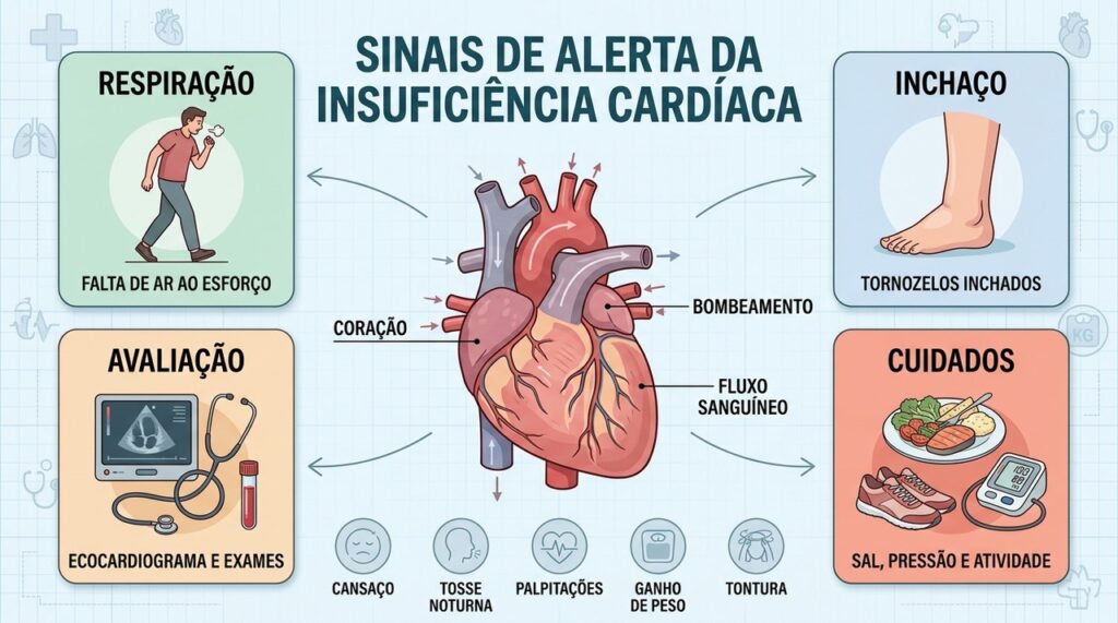 Falta de ar, edema, fadiga e exames ajudam a reconhecer sinais de insuficiência cardíaca.