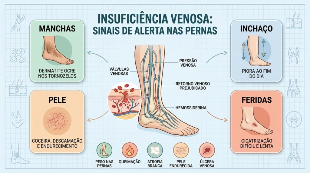 Manchas, inchaço, alterações da pele e feridas sinalizam progressão da insuficiência venosa crônica.