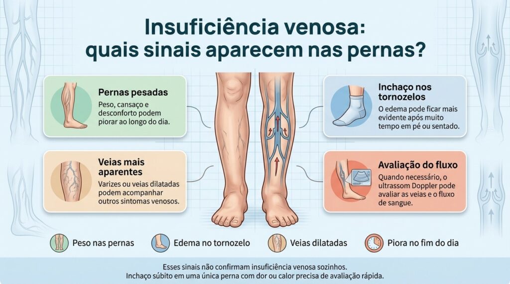 O padrão de peso, edema e veias dilatadas ajuda na investigação, mas outras causas de inchaço também precisam ser consideradas.