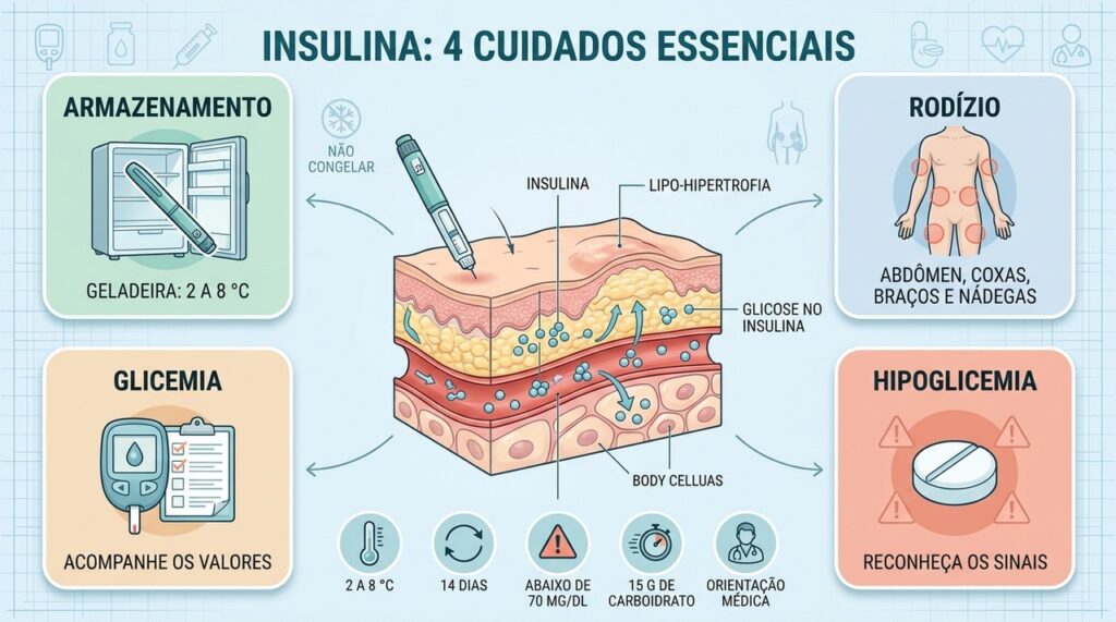 Armazenamento, rodízio, monitoramento e reconhecimento da hipoglicemia protegem a segurança da insulinoterapia.