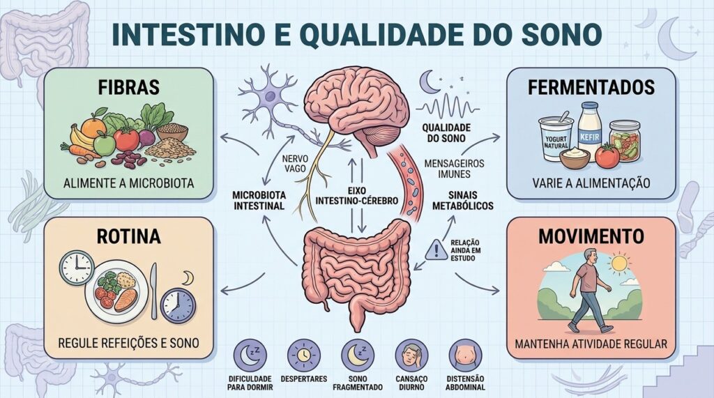 Fibras, fermentados, rotina e movimento podem favorecer intestino e sono simultaneamente.