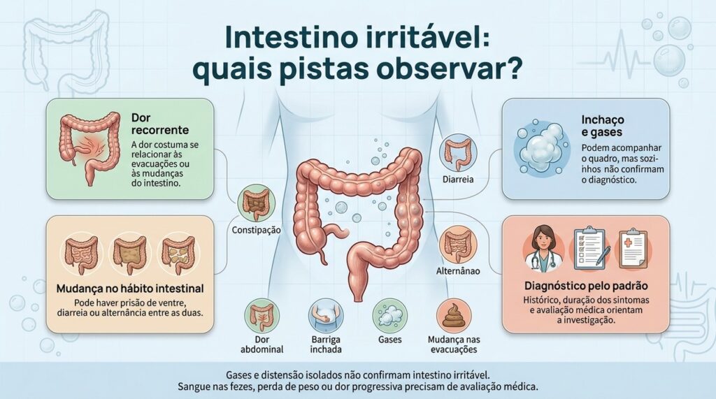 A relação entre dor, evacuação e mudanças persistentes no hábito intestinal é mais importante do que um episódio isolado de gases ou inchaço.