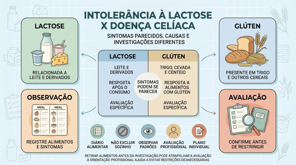 Intolerância à lactose e doença celíaca podem causar gases, diarreia e barriga inchada, mas exigem exames diferentes. Entenda o que muda entre elas.