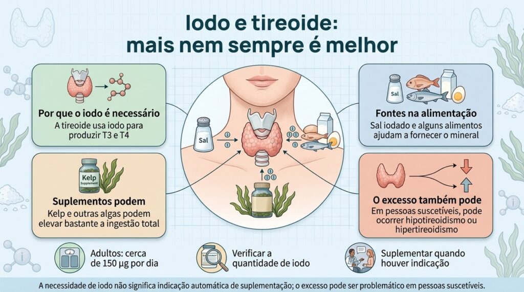 O iodo é necessário para a tireoide, mas suplementos e algas podem fornecer quantidades muito maiores do que a alimentação habitual.