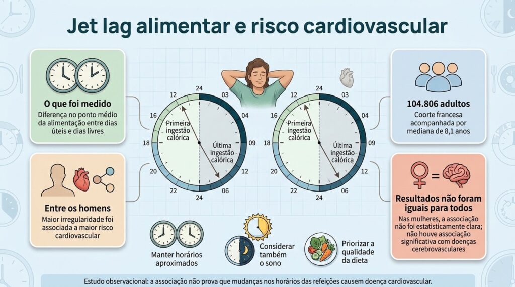 O estudo avaliou diferenças nos horários de alimentação entre dias úteis e dias livres e encontrou associação com risco cardiovascular principalmente entre os homens.