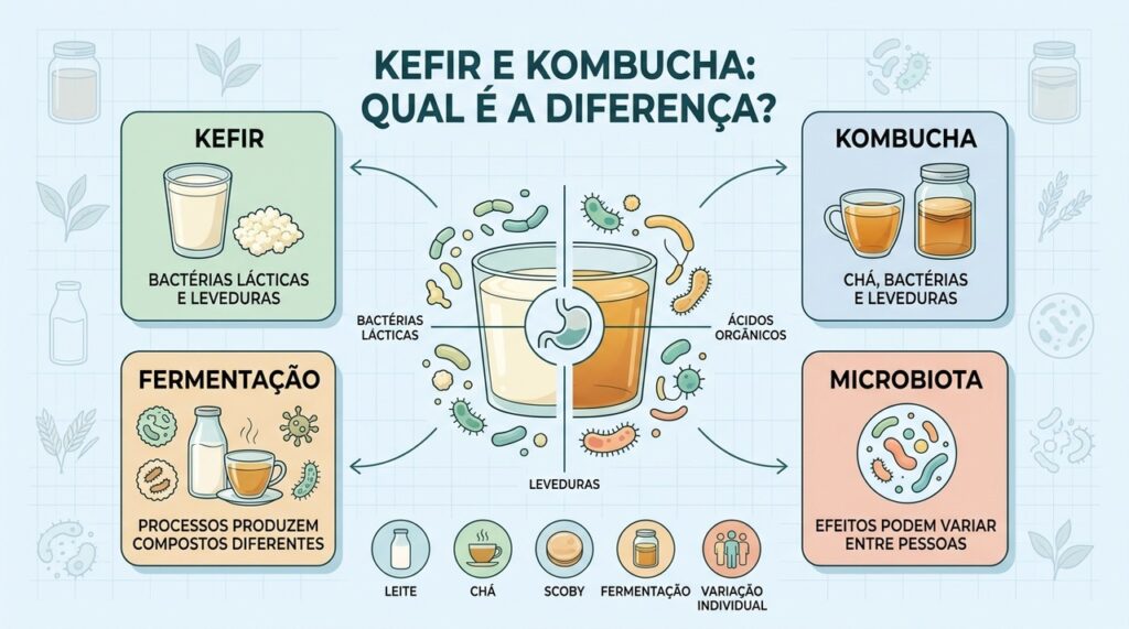 Kefir, kombucha, fermentação e microbiota diferem na composição e nos possíveis efeitos.