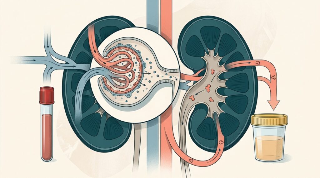 Creatinina, eTFG e albumina urinária oferecem informações complementares sobre função e lesão renal.