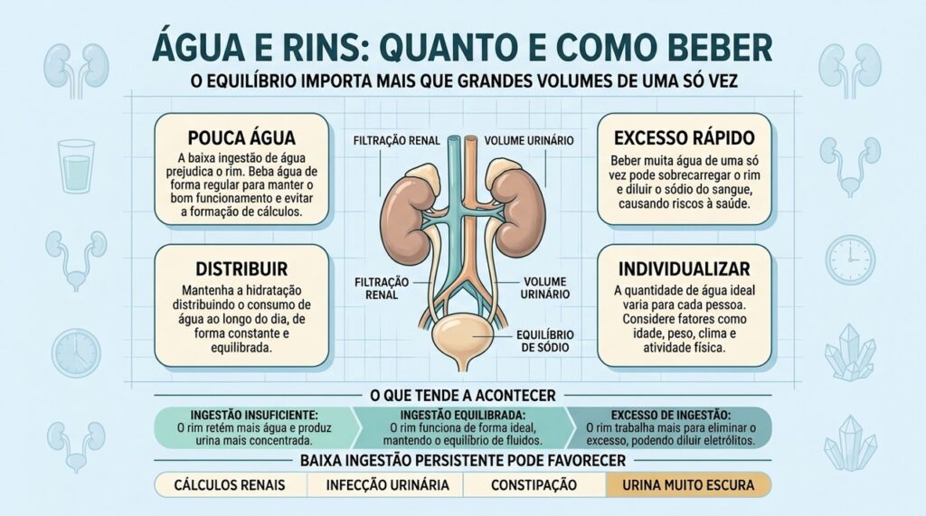Pouca água, excesso rápido e distribuição diária afetam de formas diferentes os rins.