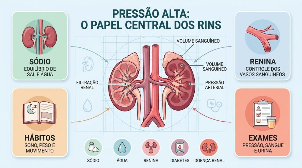 Rins, sódio, hormônios e hábitos formam uma rede essencial para controlar a pressão arterial.