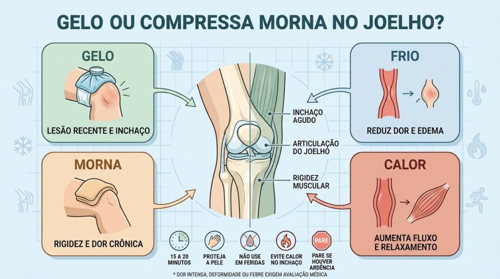 Frio ajuda em lesões recentes; calor favorece rigidez e dor persistente.