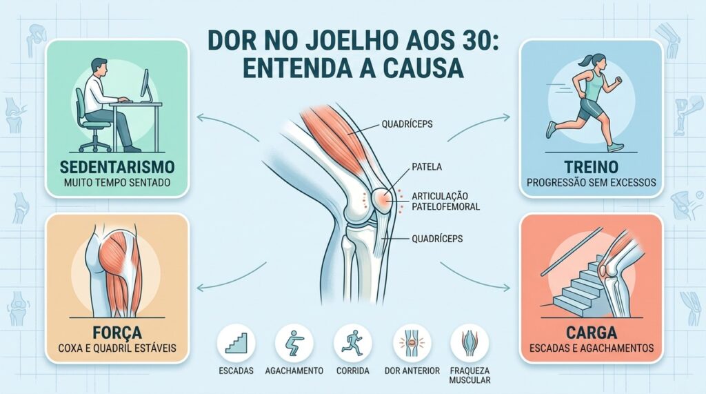 Força, progressão dos treinos e controle da carga ajudam a proteger a articulação patelofemoral.