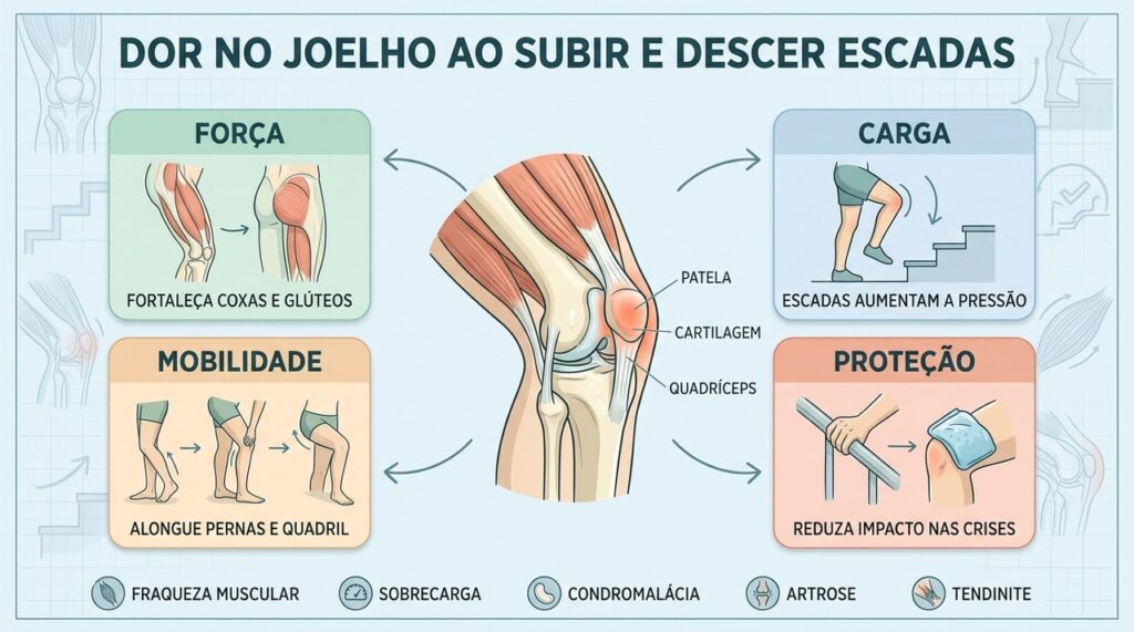 Força muscular, mobilidade e controle de carga ajudam a proteger o joelho nas escadas.