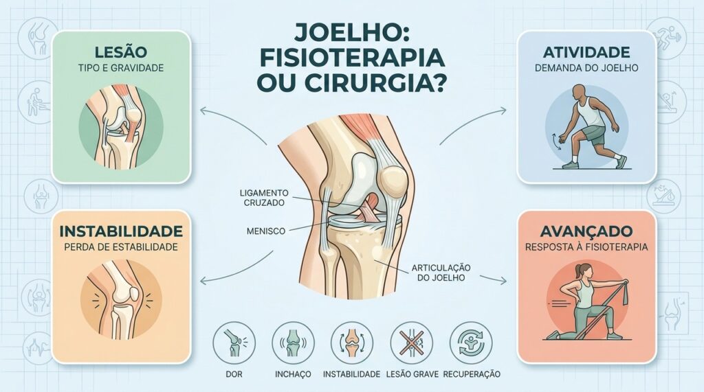 Gravidade, instabilidade, atividade física e resposta à fisioterapia orientam a decisão pelo tratamento.