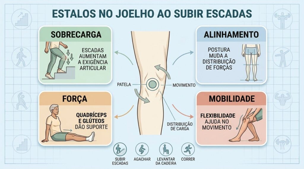 Sobrecarga, alinhamento, força muscular e mobilidade influenciam o funcionamento da patela.