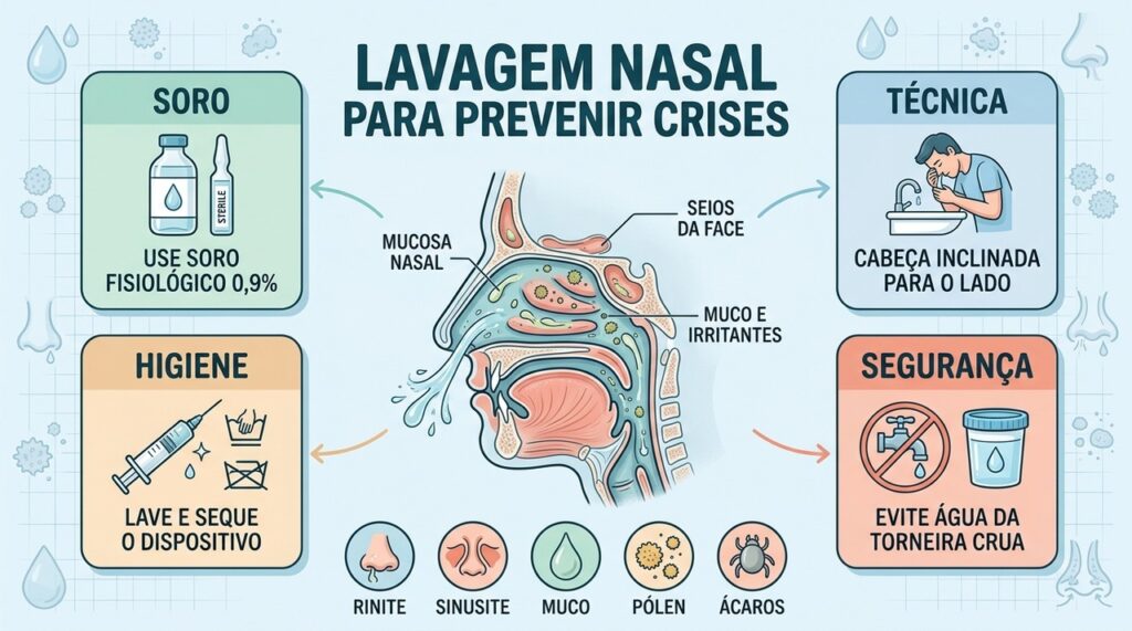 Soro, técnica, higiene e água segura tornam a lavagem nasal mais eficaz.