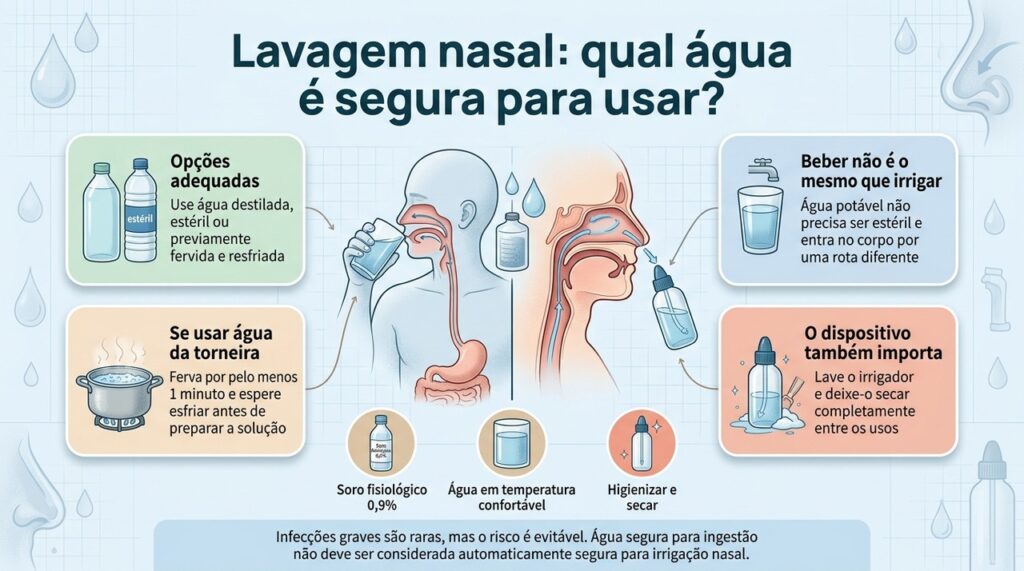 A lavagem nasal exige uma fonte de água adequada ao procedimento, além de solução salina correta e irrigador bem higienizado.