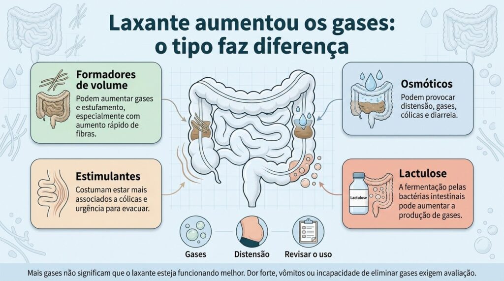 Gases após o laxante podem resultar de fermentação, aumento de água ou maior volume intestinal, dependendo do produto.