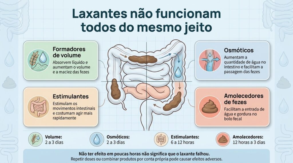 Cada tipo de laxante atua de uma forma e em um intervalo diferente, por isso a escolha depende da causa da constipação.