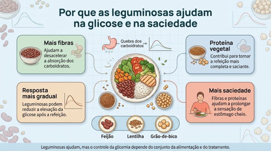 Feijão, lentilha e grão-de-bico são opções simples que podem ajudar na saciedade e em uma resposta glicêmica mais gradual.
