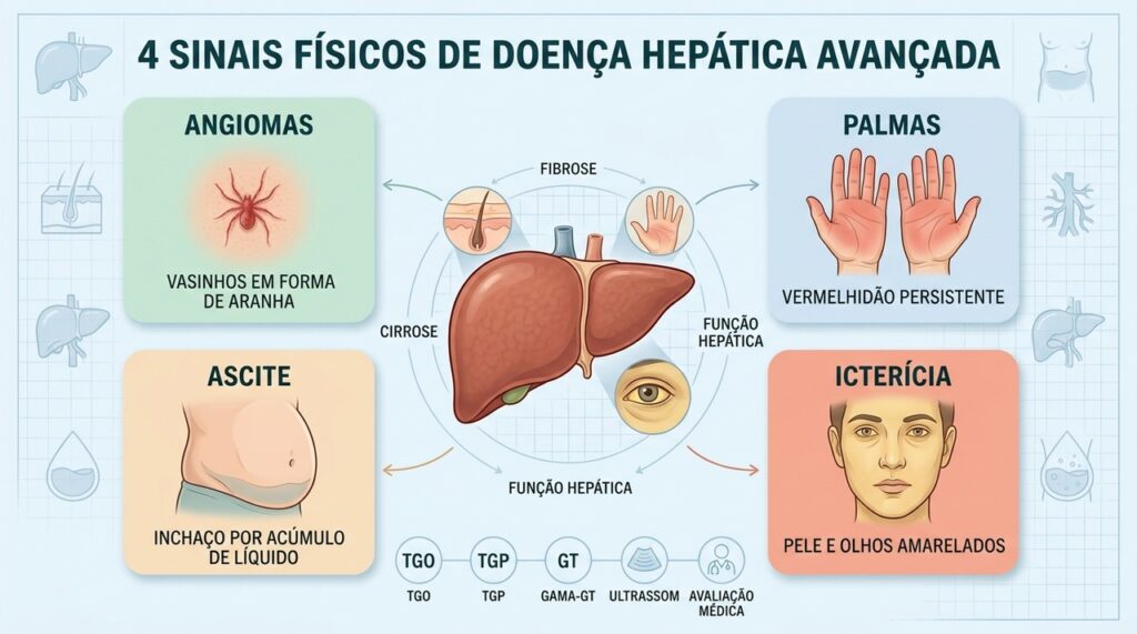 Angiomas, palmas avermelhadas, ascite e icterícia podem sinalizar doença hepática avançada.