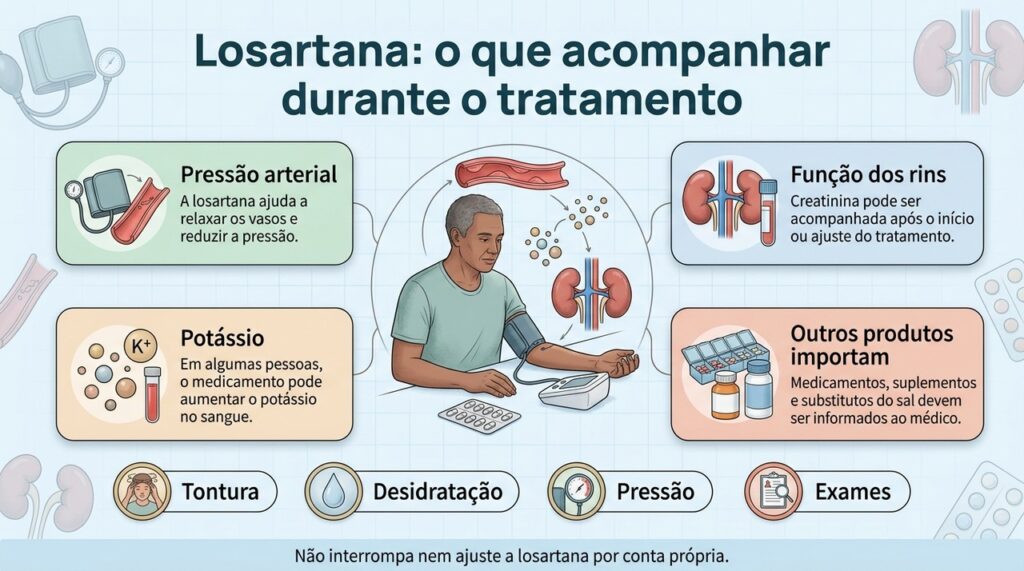 Quem usa losartana pode precisar acompanhar pressão, função renal, potássio e possíveis interações com outros produtos.