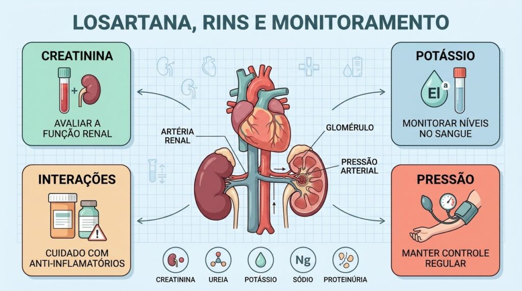 Creatinina, potássio e pressão arterial orientam o acompanhamento seguro durante o tratamento com losartana.