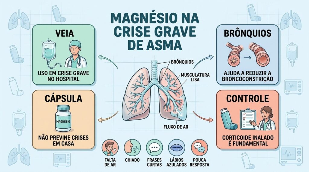 Na asma grave, magnésio intravenoso é diferente da suplementação oral feita em casa.