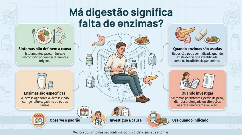 A reposição de enzimas tem indicações específicas e não substitui a investigação de sintomas digestivos persistentes.