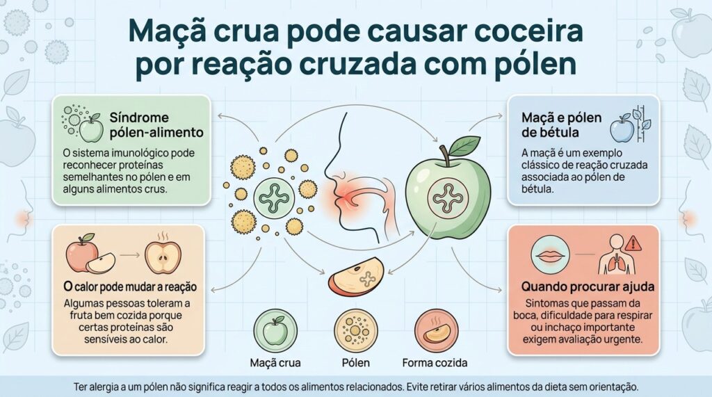 Na síndrome pólen-alimento, proteínas semelhantes no pólen e em alimentos crus podem desencadear sintomas principalmente na boca e na garganta.