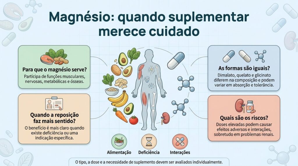 A necessidade de magnésio deve considerar deficiência, alimentação, função renal e medicamentos em uso.