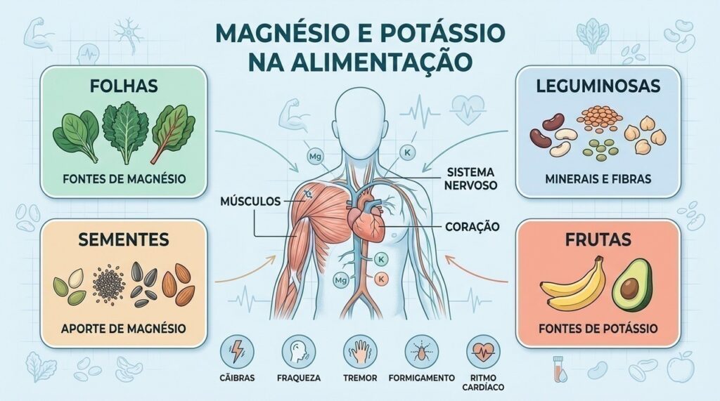 Folhas verdes, leguminosas, sementes e frutas ajudam a equilibrar esses minerais essenciais.