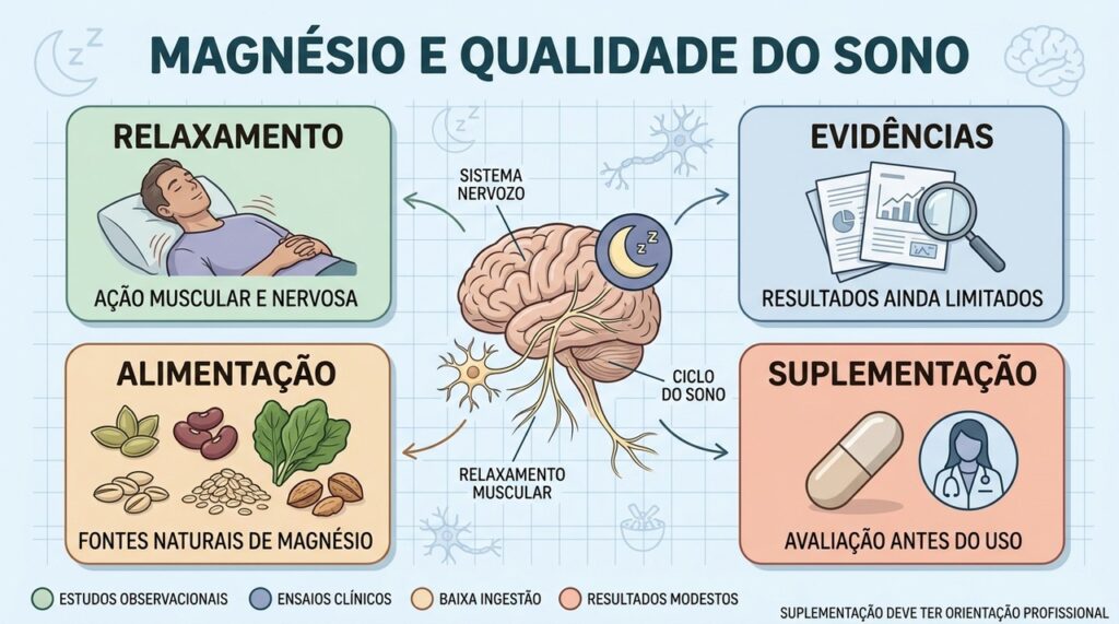 Evidências sobre magnésio e sono envolvem relaxamento, alimentação, estudos e suplementação orientada.