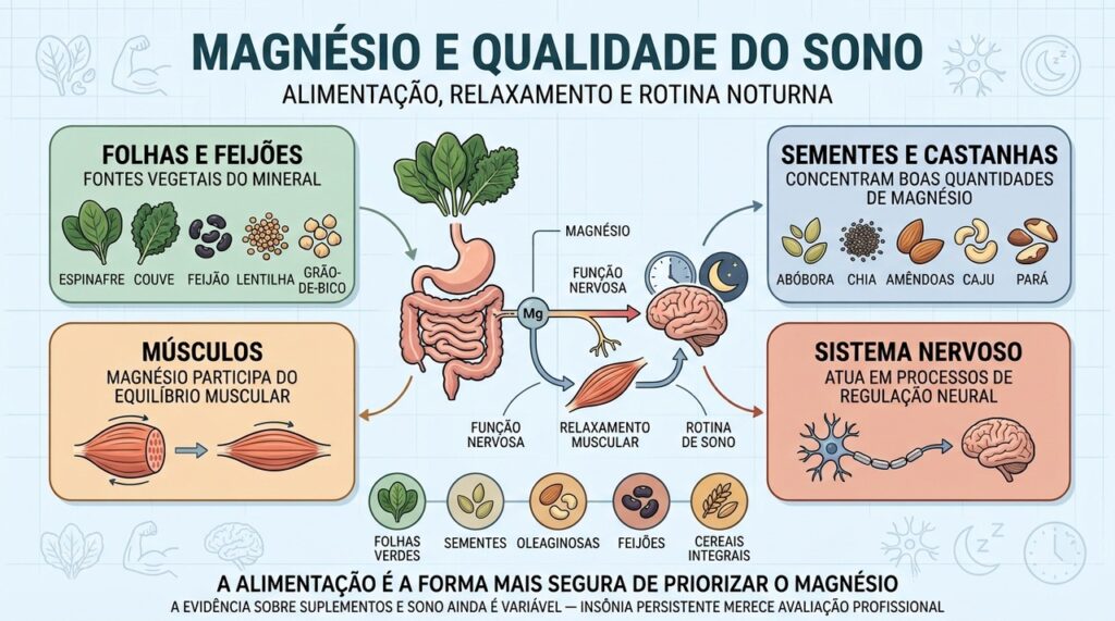 Magnésio alimentar participa da função muscular e nervosa ligada ao repouso noturno.
